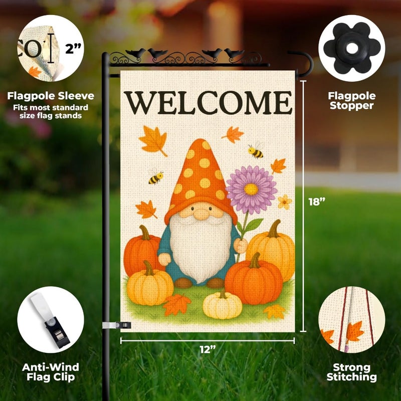 KarvePro Fall Gnome Pumpkin Garden Flag 12x18 Double Sided – Burlap Front Yard Flag, Garden Flag Welcome, Weatherproof Farmhouse Outdoor Decor - Image 3